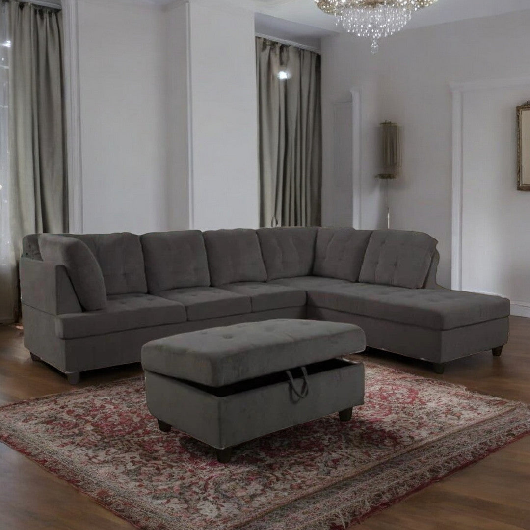 Grove 2-Piece Sectional Sofa in Fabric Upholstery With Storage Ottoman - Dark Grey | Available In LHF/ RHF Configuration