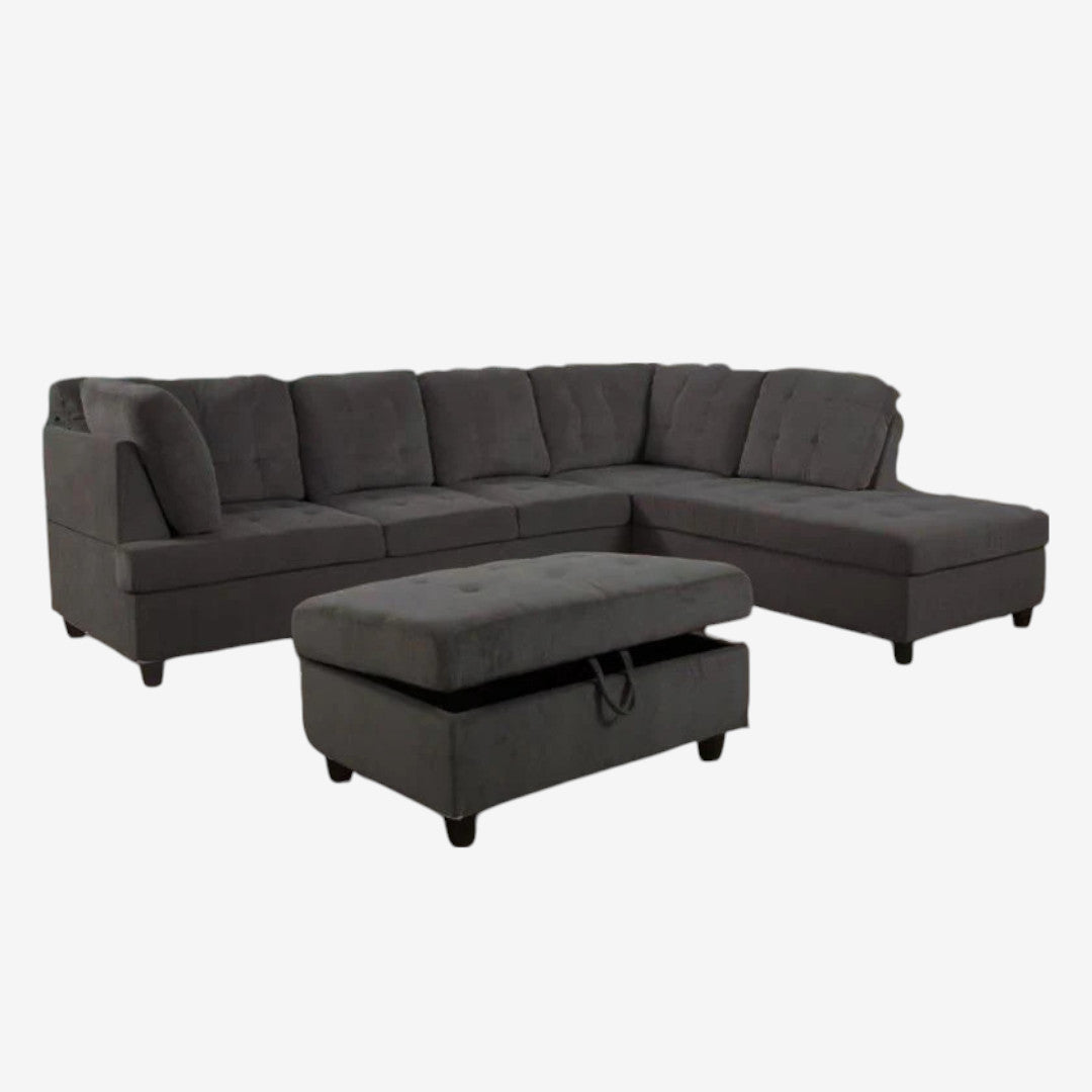 Grove 2-Piece Sectional Sofa in Fabric Upholstery With Storage Ottoman - Dark Grey | Available In LHF/ RHF Configuration