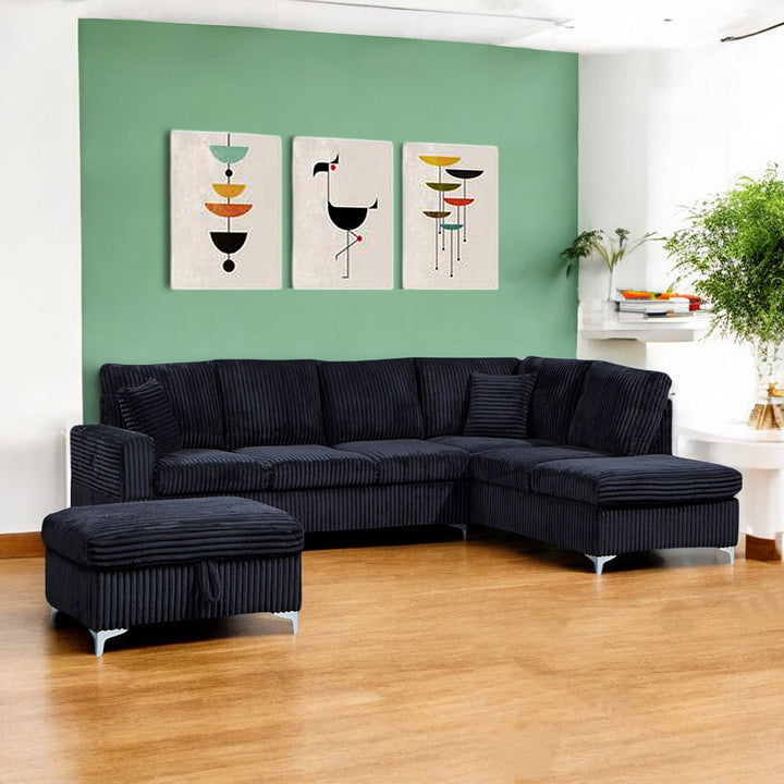 Serene Fabric Upholstered Sectional Sofa with Dual Corner Chaise - Black | Stylish, Sturdy, Comfortable & Affordable