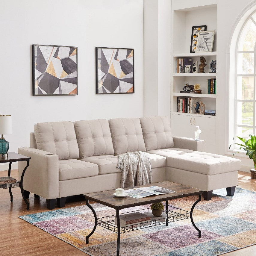 Coral Sectional Sofa in Fabric Upholstery With Reversible Chaise & Cup Holders - Beige