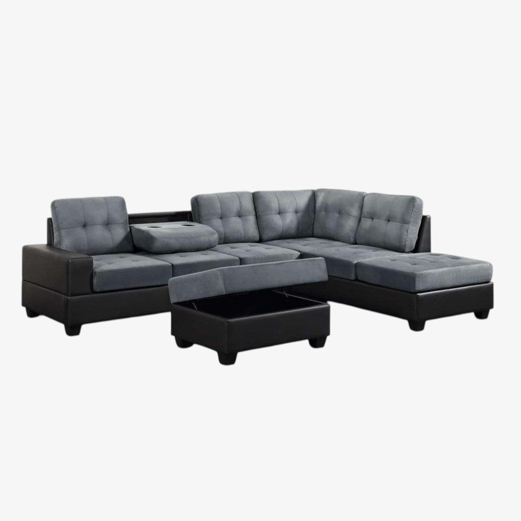 Bliss Fabric/ PU Upholstered Sectional Sofa - Grey/ Black | Modern, Durable, Reversible & Comfortable