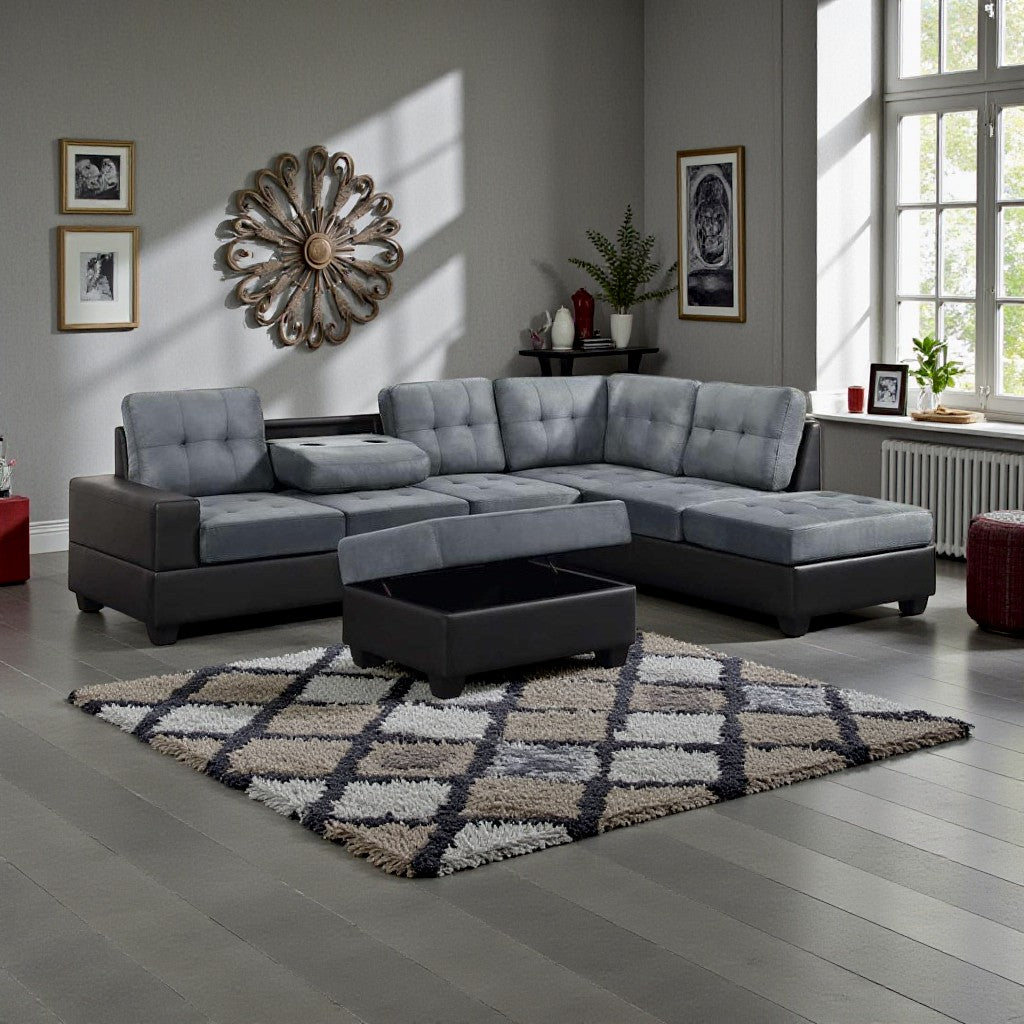 Bliss Fabric/ PU Upholstered Sectional Sofa - Grey/ Black | Modern, Durable, Reversible & Comfortable