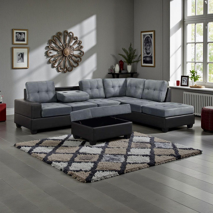 Bliss Fabric/ PU Upholstered Sectional Sofa - Grey/ Black | Modern, Durable, Reversible & Comfortable