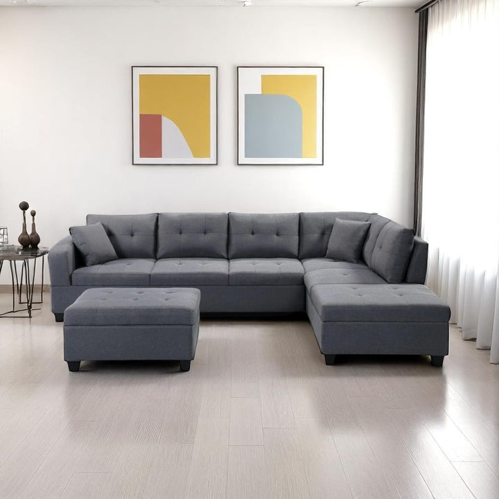Elara Sectional Sofa In Fabric Upholstery - Grey | Available In LHF/ RHF Configuration - Accent Pillows, Cup Holders & Storage Console