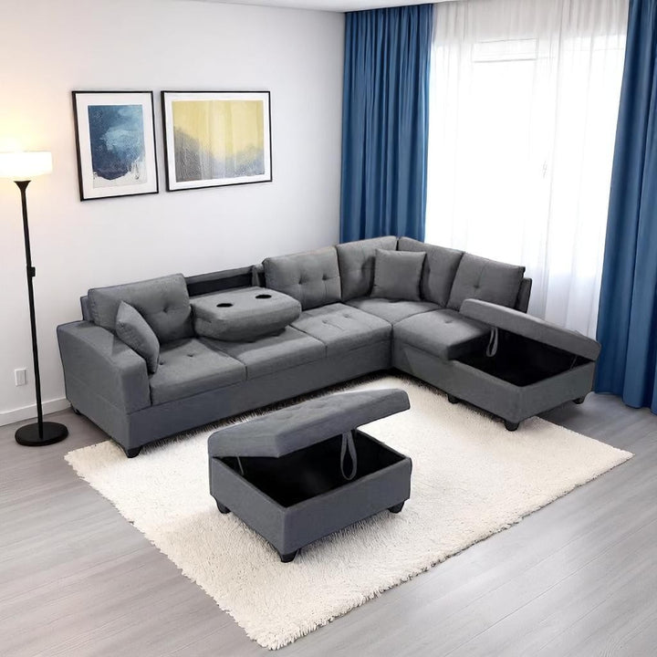 Elara Sectional Sofa In Fabric Upholstery - Grey | Available In LHF/ RHF Configuration - Accent Pillows, Cup Holders & Storage Console