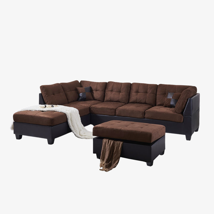 Sona Fabric Upholstered Sectional Sofa With LHF Chaise & Storage Ottoman - Chocolate | Modern, Durable & Comfortable