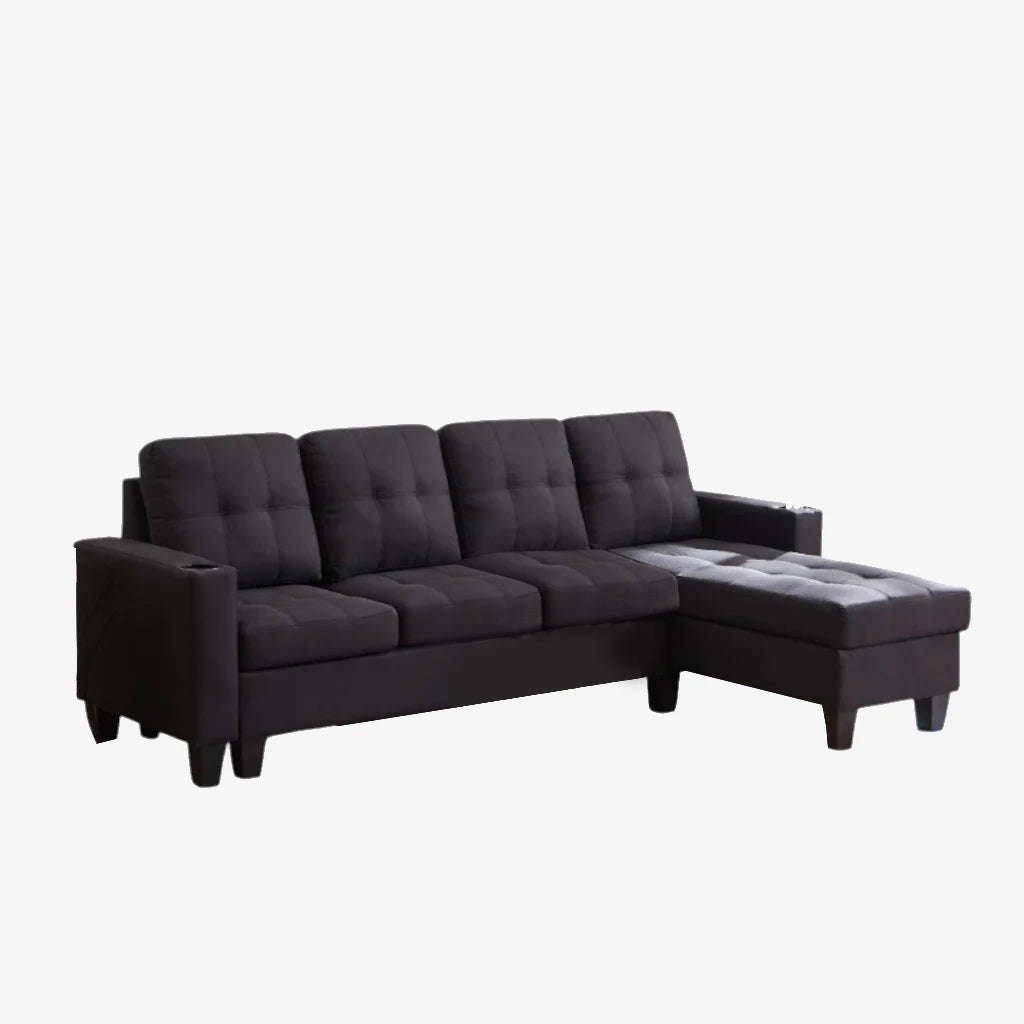 Coral Sectional Sofa in Fabric Upholstery With Reversible Chaise & Cup Holders - Black