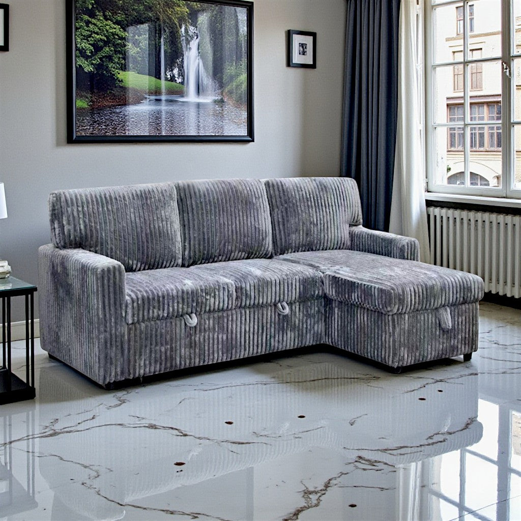 Crystal Fabric Upholstered Sectional Sofa Bed With USB Charging Ports - Grey | Timeless, Sturdy, Reversible, Comfortable & Storage Solution