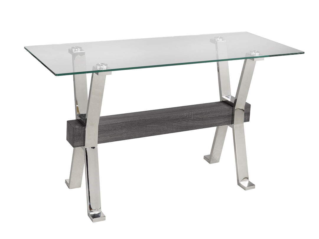 Emri Sofa Table Glass Top with Stainless Steel Base with Chrome-Finish - Grey Silver