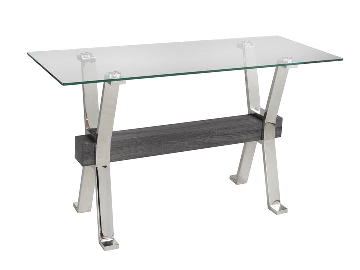 Emri Sofa Table Glass Top with Stainless Steel Base with Chrome-Finish - Grey Silver