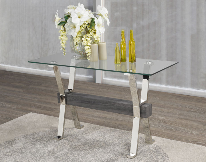Emri Sofa Table Glass Top with Stainless Steel Base with Chrome-Finish - Grey Silver