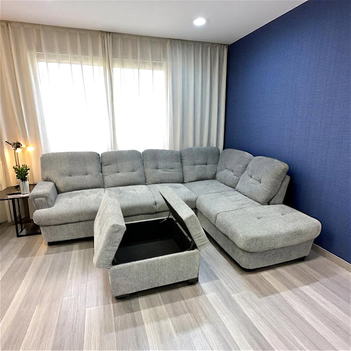 Intra Sectional Sofa With RHF Chaise & Storage Ottoman - Exquisite Grey | Modern, Sturdy & Comfortable