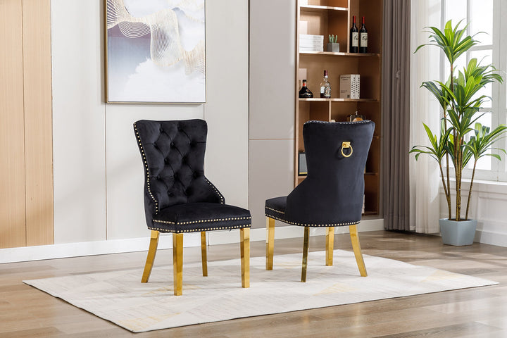 Oviero 2-Piece Luxury Black Velvet Dining Chair Set with Gold Knocker, Polished Gold Frame, Button Tufted Front & Nailhead Details