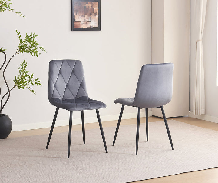 Aristova 4-Piece Modern Dark Grey Velvet Dining Chair Set with Diamond Stitching & Black Steel Legs