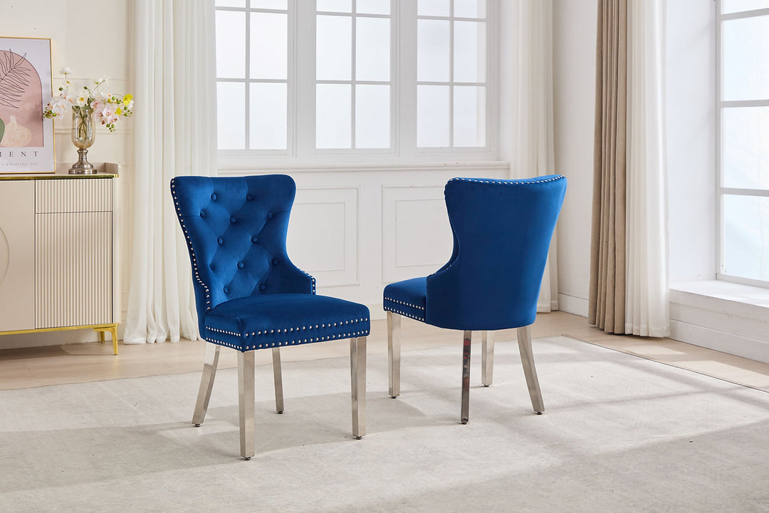 Sylvano 2-Piece Dining Chairs – Soft-Touch Blue Velvet Button Tufted Design with Nailhead Details & Polished Chrome Legs for Modern Luxury Dining Spaces