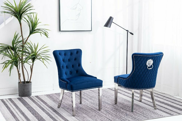 Zenvoro 2-Piece Luxury Dining Chair Set – Blue Velvet Chrome Lion Knocker Dining Chairs with Diamond Quilted Back, Button Tufted Front & Nailhead Details