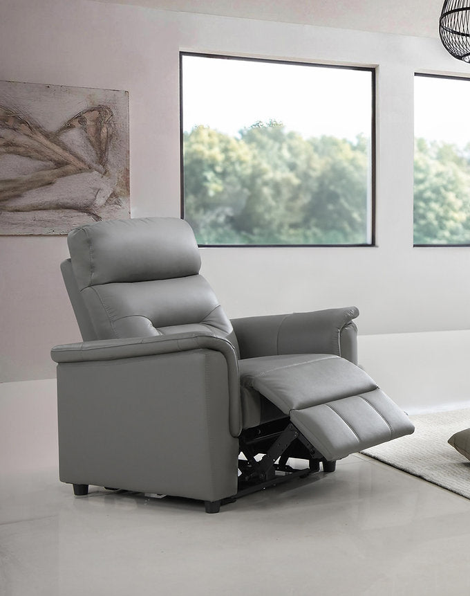 Elarvion 3-Piece Power Recliner Set with Light Grey Genuine Leather/Match, USB Ports &amp; Drop-Down Tray with Cup Holders