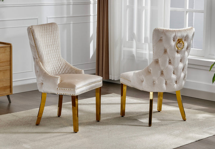 Dolvira Luxury Cream Velvet Dining Chair with Large Gold Knocker, Deep Tufted Back, Nailhead Details and Polished Gold Frame, Modern Glam Accent Chair
