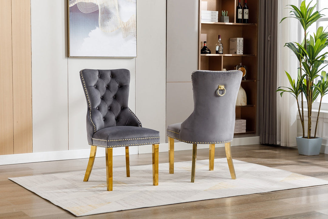 Oviero 2-Piece Luxury Grey Velvet Dining Chair Set with Gold Knocker, Polished Gold Frame, Button Tufted Front & Nailhead Details
