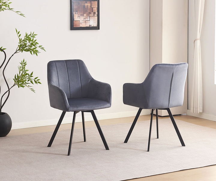 Norviano 2-Piece Modern Swivel Accent Chair Set in Dark Grey Velvet with Vertical Stitching, Integrated Armrests, Black Metal Legs and 360° Swivel Base