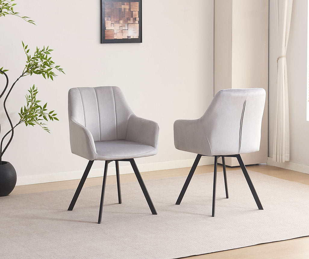 Norviano 2-Piece Modern Swivel Accent Chair Set in Light Grey Velvet with Vertical Stitching, Integrated Armrests, Black Metal Legs and 360° Swivel Base