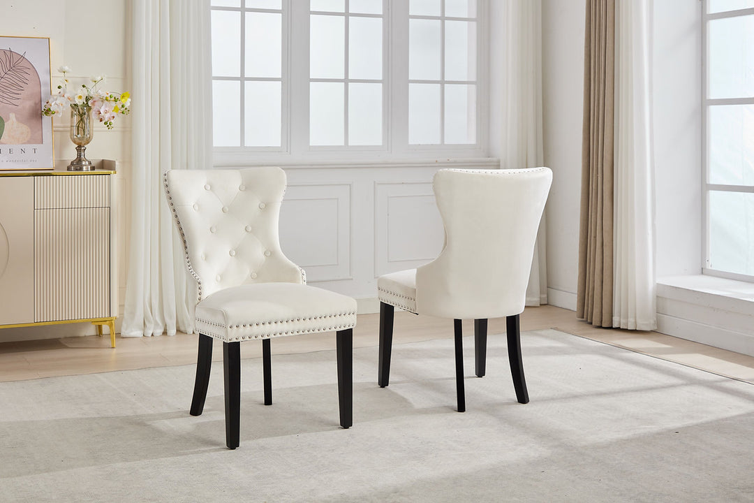 Marvexio 2-Piece Dining Chairs – Soft-Touch Creme Velvet Button Tufted Design with Nailhead Details & Dark Espresso Wooden Legs for Luxury Dining Spaces