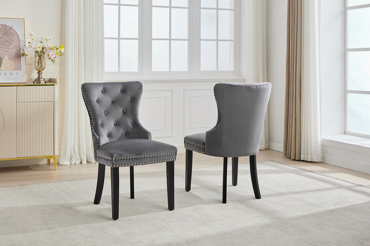 Marvexio 2-Piece Dining Chairs – Soft-Touch Grey Velvet Button Tufted Design with Nailhead Details & Dark Espresso Wooden Legs for Luxury Dining Spaces
