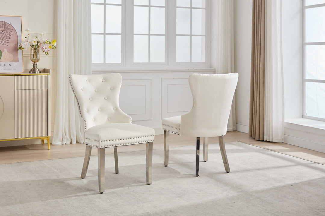Sylvano 2-Piece Dining Chairs – Soft-Touch Cream Velvet Button Tufted Design with Nailhead Details & Polished Chrome Legs for Modern Luxury Dining Spaces