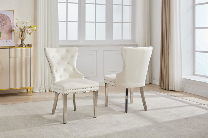 Sylvano 2-Piece Dining Chairs – Soft-Touch Cream Velvet Button Tufted Design with Nailhead Details & Polished Chrome Legs for Modern Luxury Dining Spaces