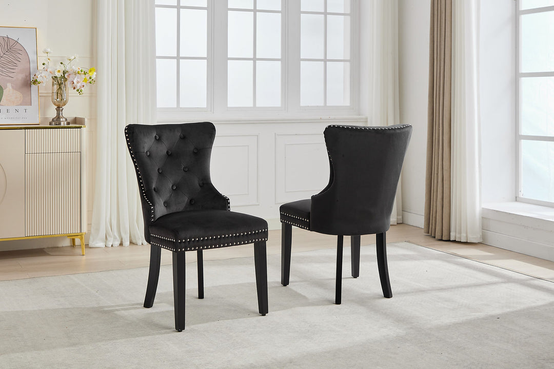 Marvexio 2-Piece Dining Chairs – Soft-Touch Black Velvet Button Tufted Design with Nailhead Details & Dark Espresso Wooden Legs for Luxury Dining Spaces