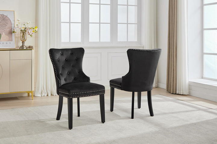 Marvexio 2-Piece Dining Chairs – Soft-Touch Black Velvet Button Tufted Design with Nailhead Details & Dark Espresso Wooden Legs for Luxury Dining Spaces