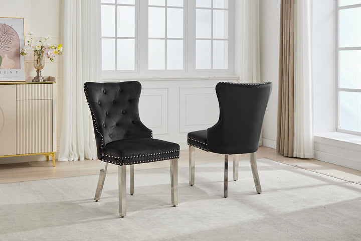 Sylvano 2-Piece Dining Chairs – Soft-Touch Black Velvet Button Tufted Design with Nailhead Details & Polished Chrome Legs for Modern Luxury Dining Spaces
