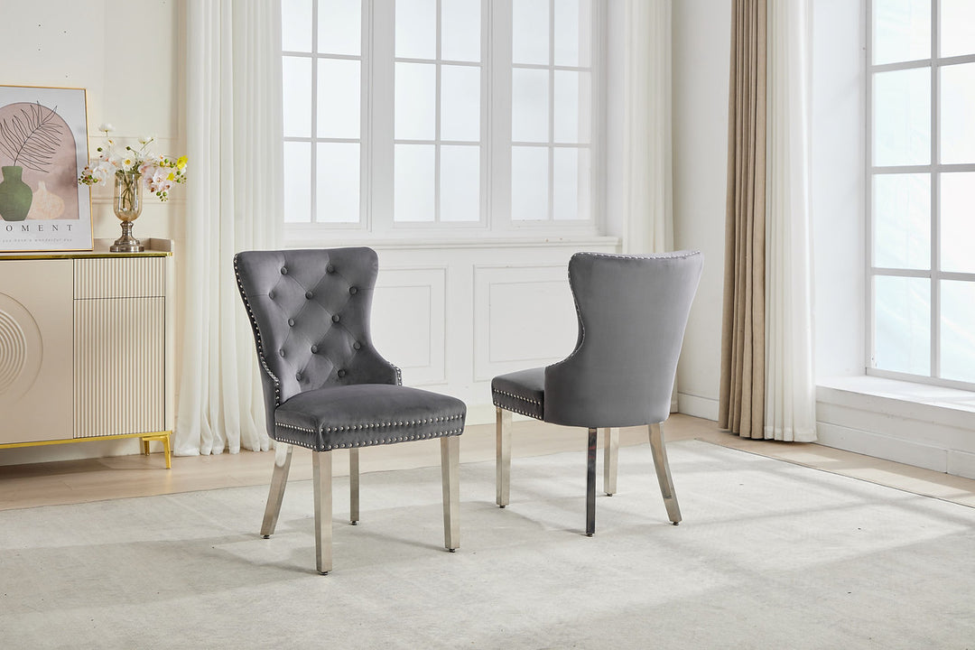 Sylvano 2-Piece Dining Chairs – Soft-Touch Grey Velvet Button Tufted Design with Nailhead Details & Polished Chrome Legs for Modern Luxury Dining Spaces