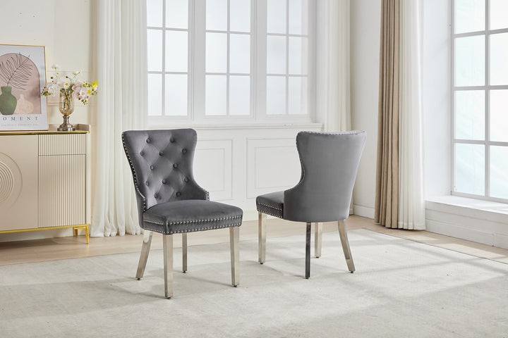 Sylvano 2-Piece Dining Chairs – Soft-Touch Grey Velvet Button Tufted Design with Nailhead Details & Polished Chrome Legs for Modern Luxury Dining Spaces