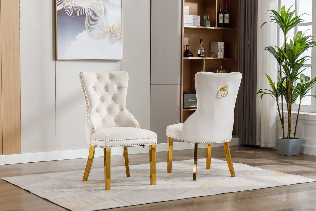 Oviero 2-Piece Luxury Cream Velvet Dining Chair Set with Gold Knocker, Polished Gold Frame, Button Tufted Front & Nailhead Details