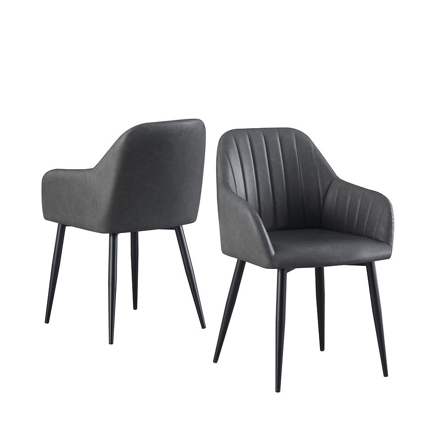 Zelviro 2-Piece Modern Accent Chair Set in Soft Grey PU with Vertical Channel Stitching, Integrated Armrests and Tapered Black Steel Legs