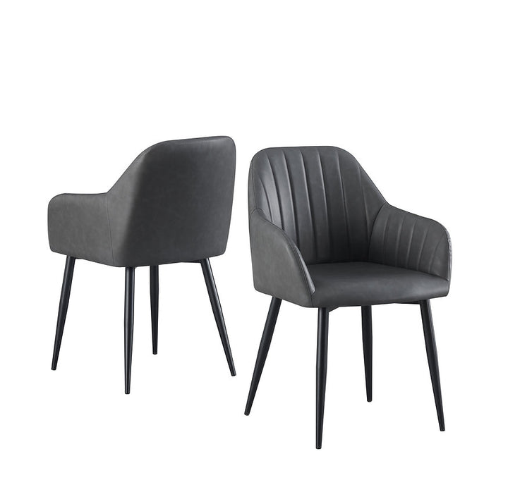Zelviro 2-Piece Modern Accent Chair Set in Soft Grey PU with Vertical Channel Stitching, Integrated Armrests and Tapered Black Steel Legs