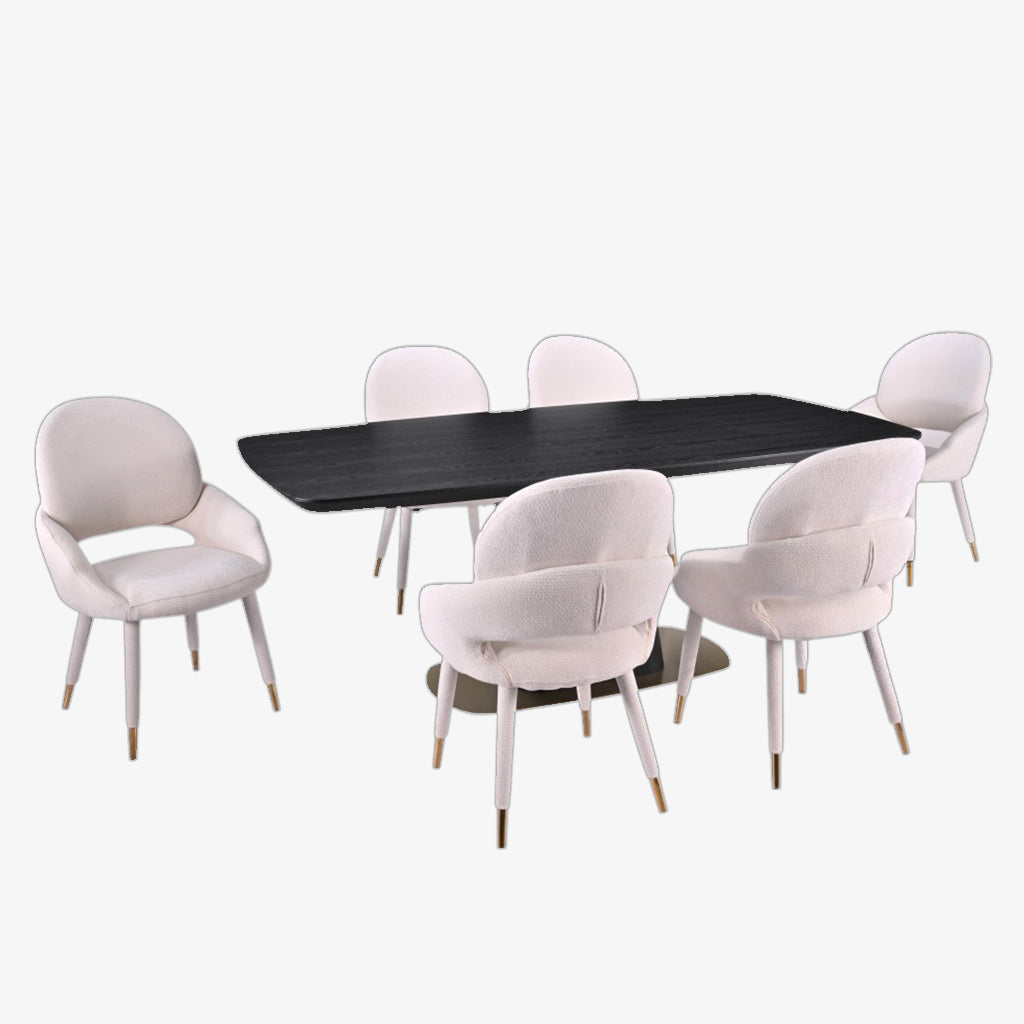 Eden Modern Dining Table Set For 6 With Fabric Upholstered Chairs - Beige/ Black | Timeless, Stylish, Sturdy & Comfortable