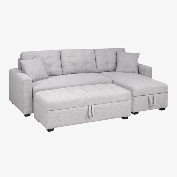 Noelle Fabric Upholstered Sectional Sofa With Oversized Ottoman - Light Grey | Timeless, Sleek, Comfortable, Durable, Reversible & Smart Storage