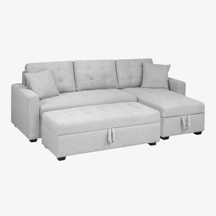Noelle Fabric Upholstered Sectional Sofa With Oversized Ottoman - Light Grey | Timeless, Sleek, Comfortable, Durable, Reversible & Smart Storage