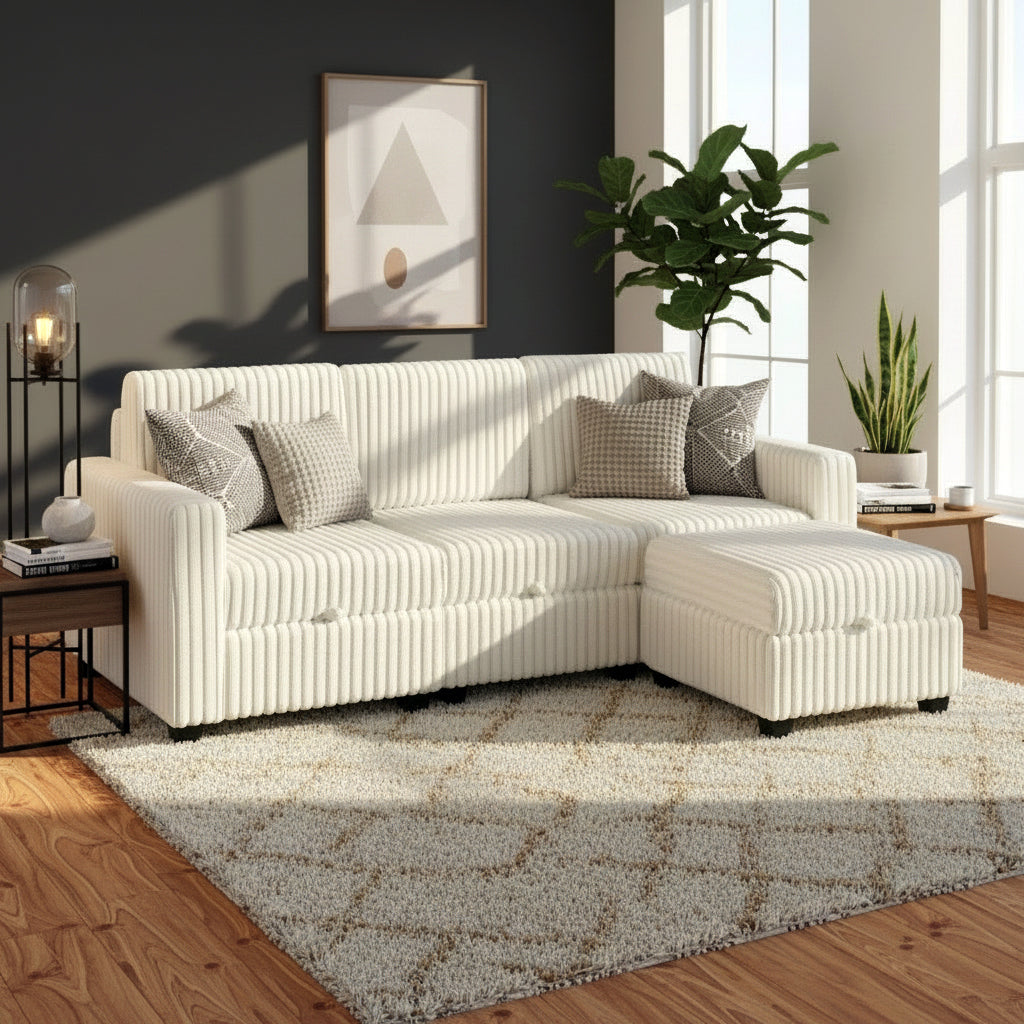 Nexus Fabric Upholstered Sectional Sofa - Beige | Stylish, Sturdy, Affordable & Smart Storage