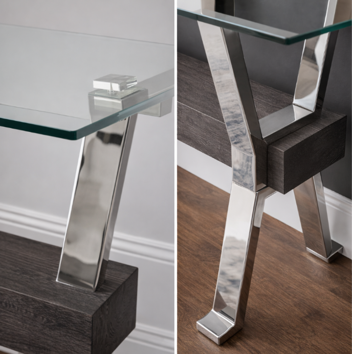Emri Sofa Table Glass Top with Stainless Steel Base with Chrome-Finish - Grey Silver