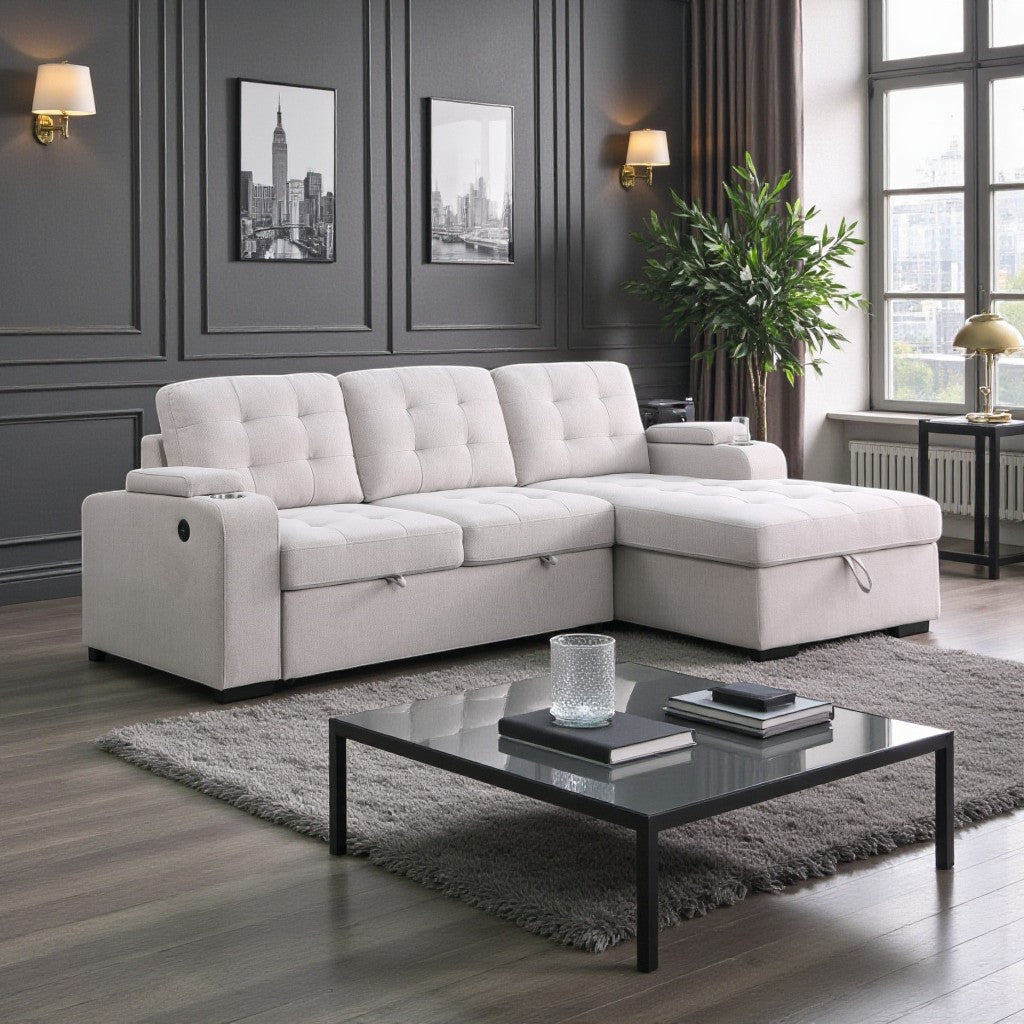 Mira Fabric Upholstered Sectional Sofa Bed With Charging Ports - Beige | Modern, Durable & Smart Storage