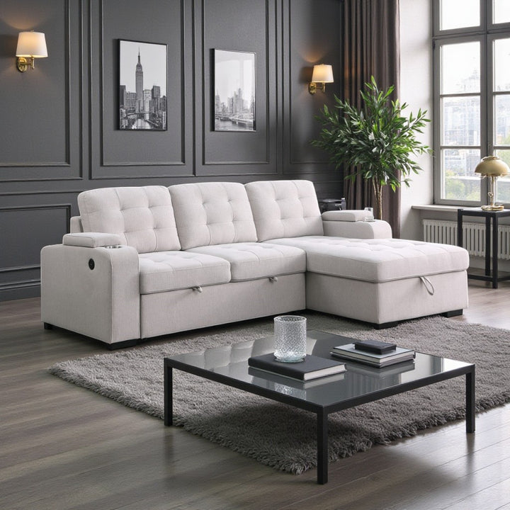 Mira Fabric Upholstered Sectional Sofa Bed With Charging Ports - Beige | Modern, Durable & Smart Storage