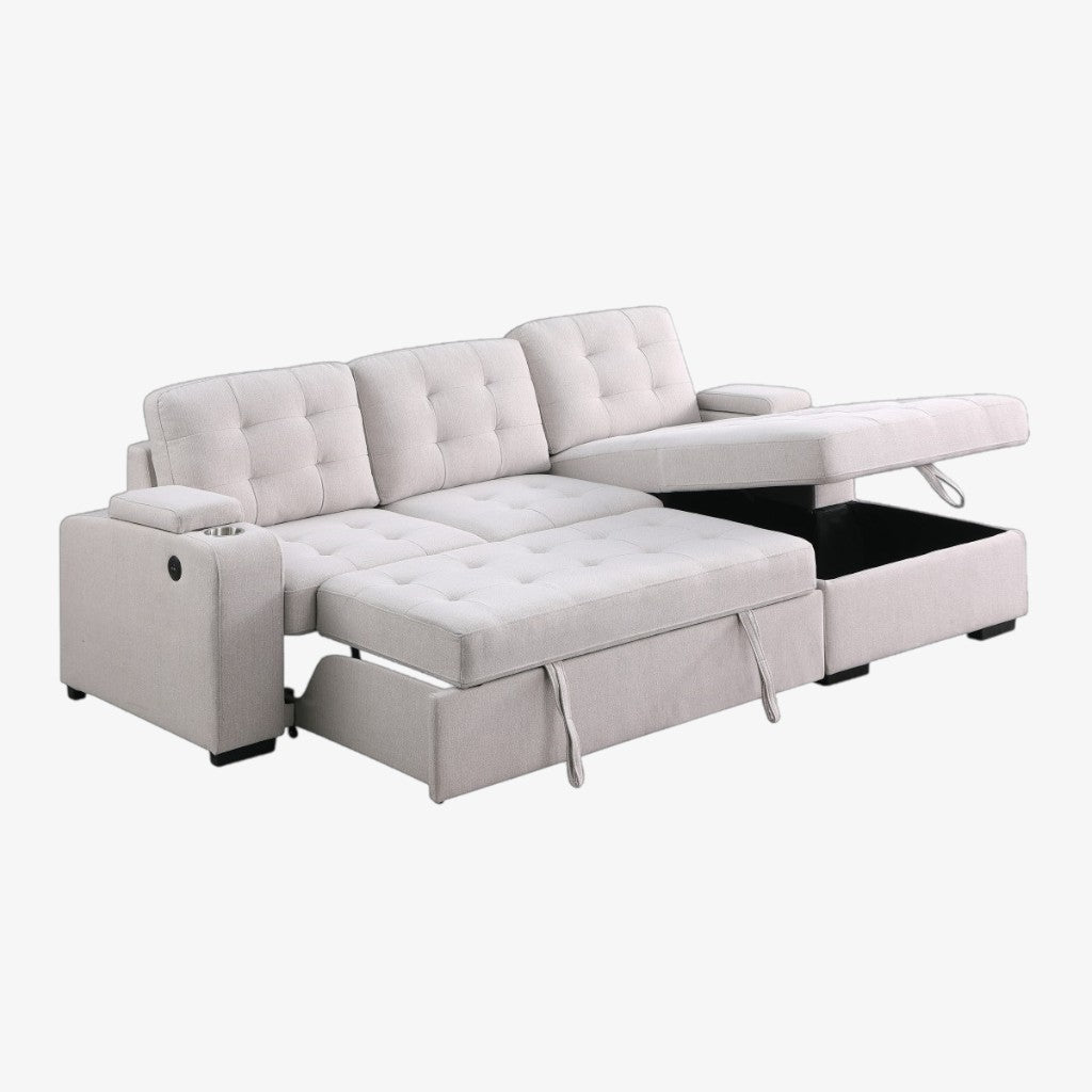 Mira Fabric Upholstered Sectional Sofa Bed With Charging Ports - Beige | Modern, Durable & Smart Storage