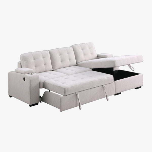 Mira Fabric Upholstered Sectional Sofa Bed With Charging Ports - Beige | Modern, Durable & Smart Storage