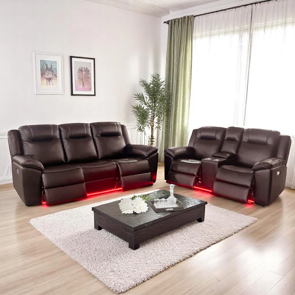 Arlo Recliner Set | Power Reclining Sofa & Loveseat with LED Lights – Brown