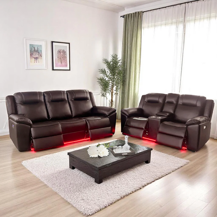Arlo Recliner Set | Power Reclining Sofa & Loveseat with LED Lights – Brown