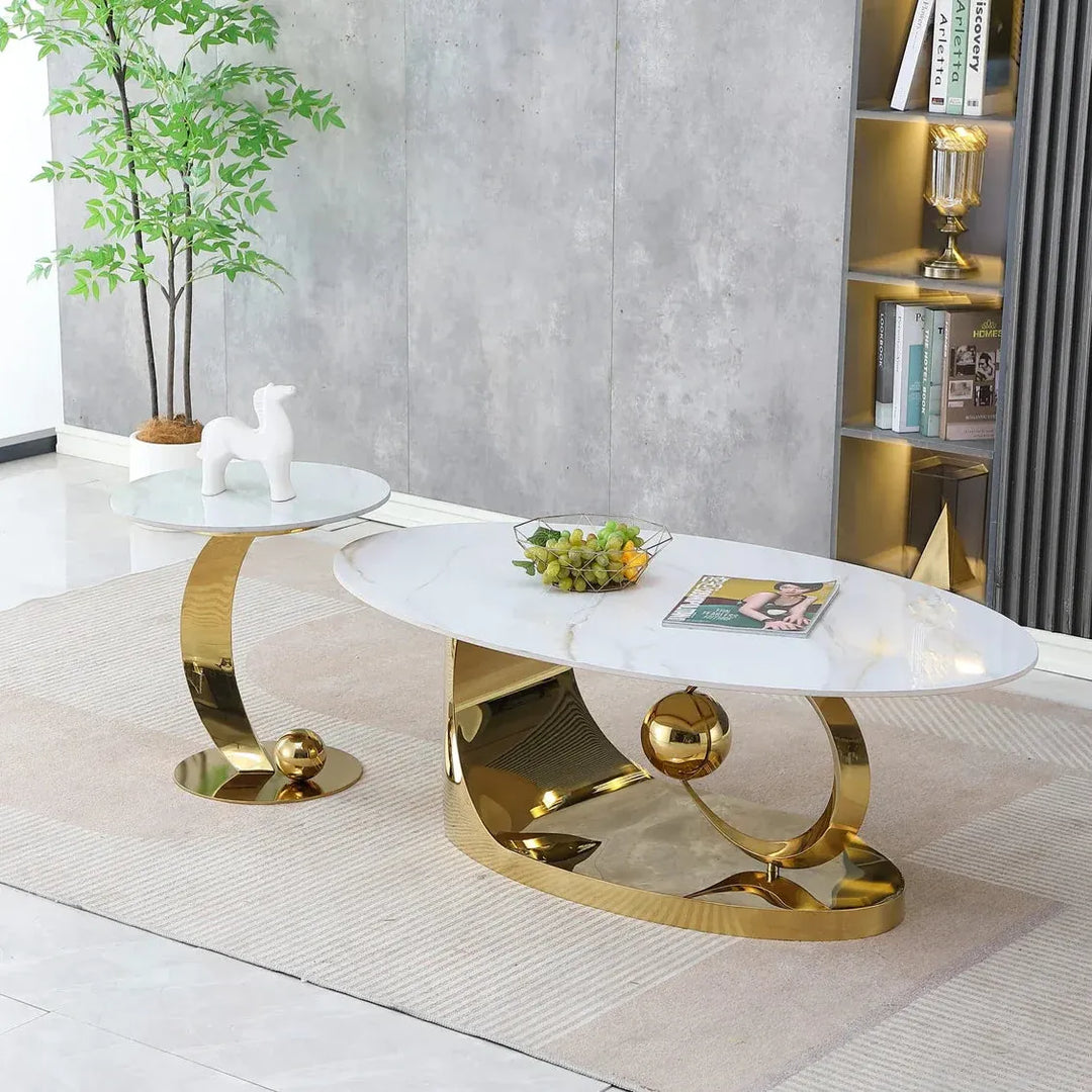 Aristocrat 3-Piece Coffee Table Set – White Sintered Stone & Gold Base
