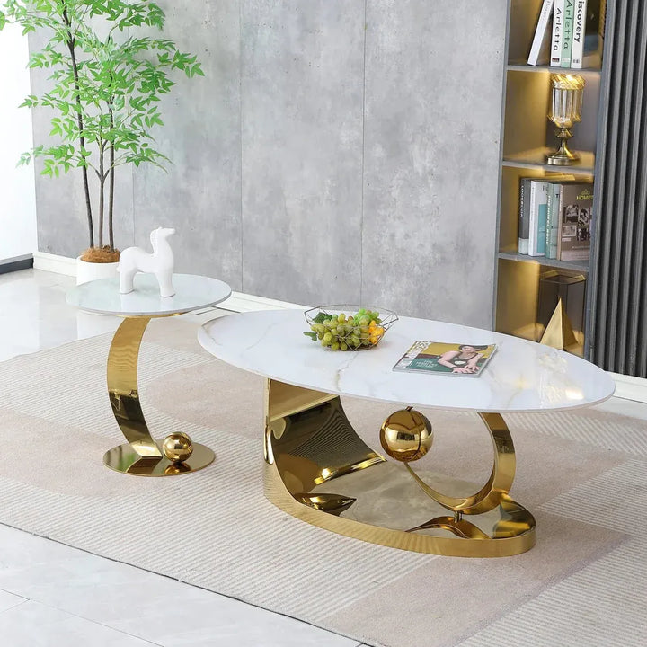 Aristocrat 3-Piece Coffee Table Set – White Sintered Stone & Gold Base